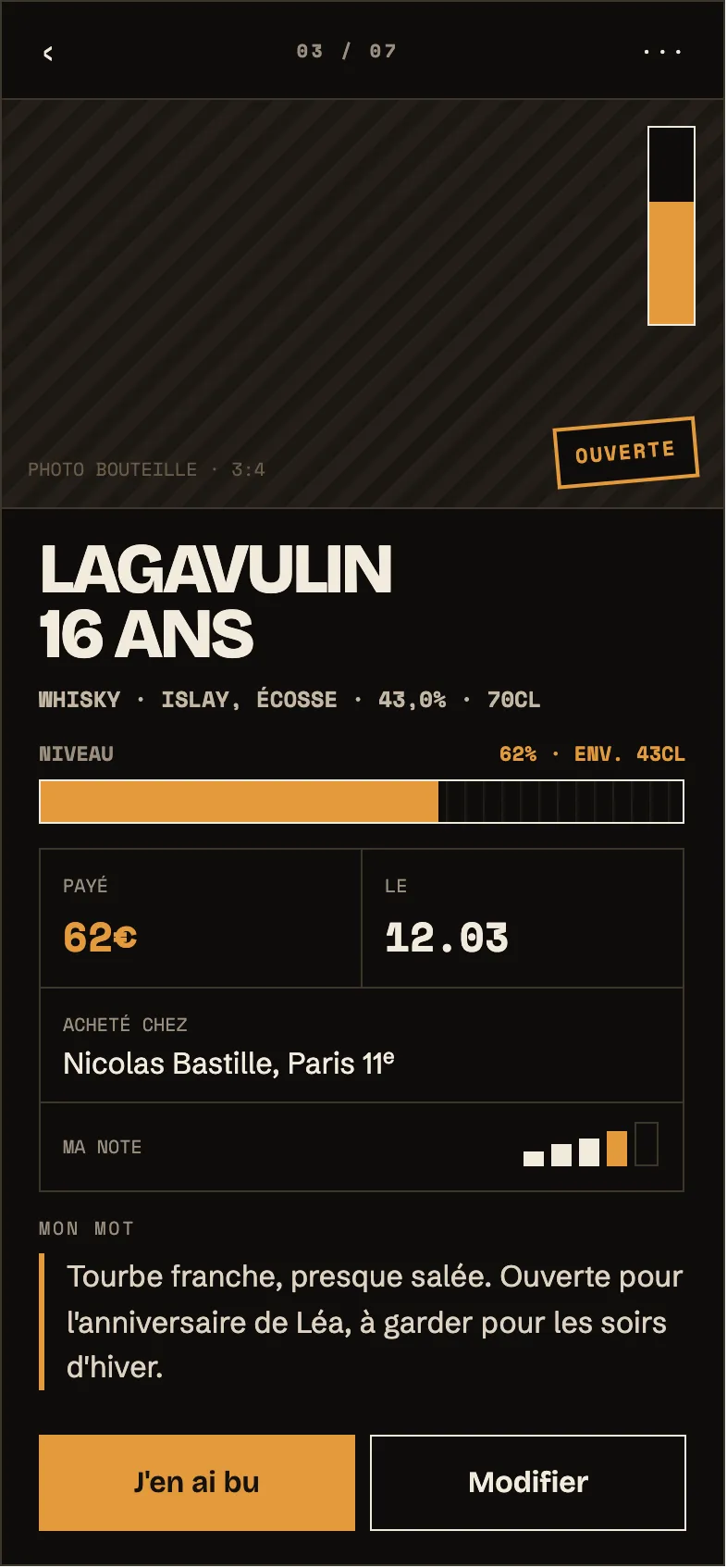 Fiche d'une bouteille avec son ticket et son niveau