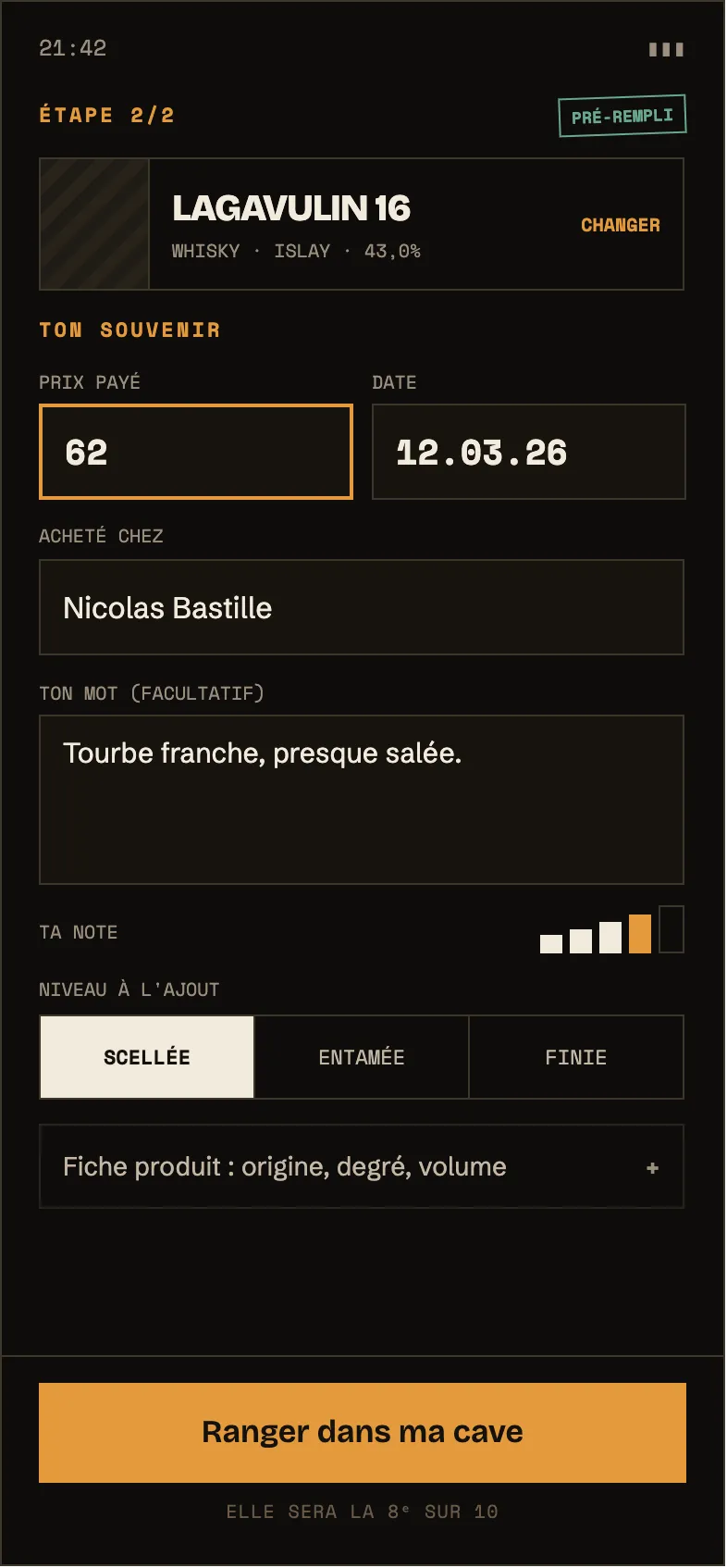 Saisie du souvenir : prix, lieu, date, note